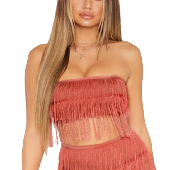 PLT Fringe Tassel Bandeau Crop Top Dusty Pink Sexy Club Wear Made in UK - Picture 3 of 12